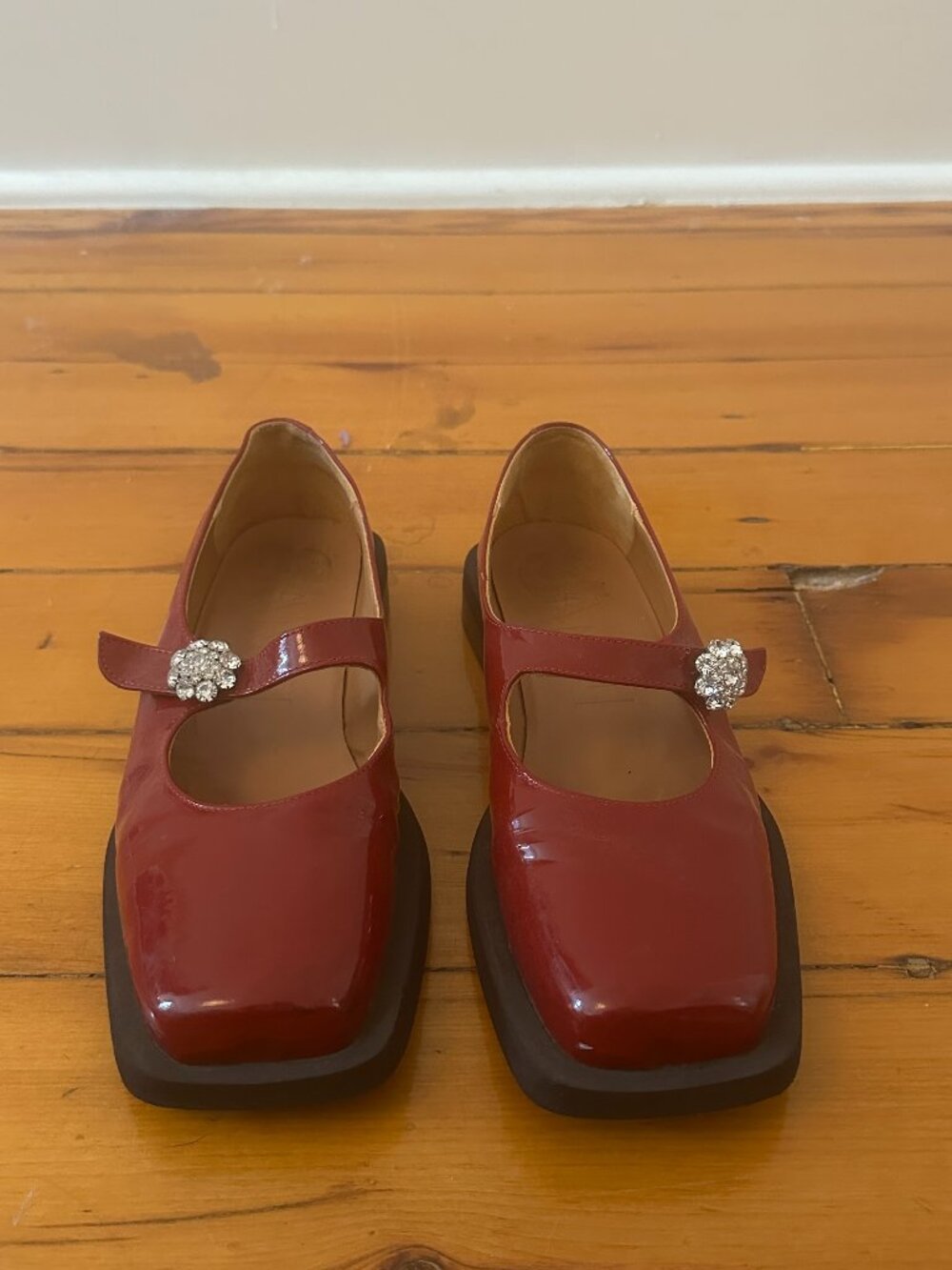 Ganni Red Leather Mary Jane Loafers